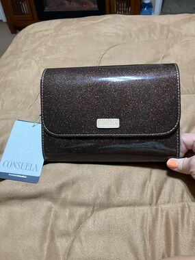 Consuela Brown Glitter Vinyl Flap Clutch